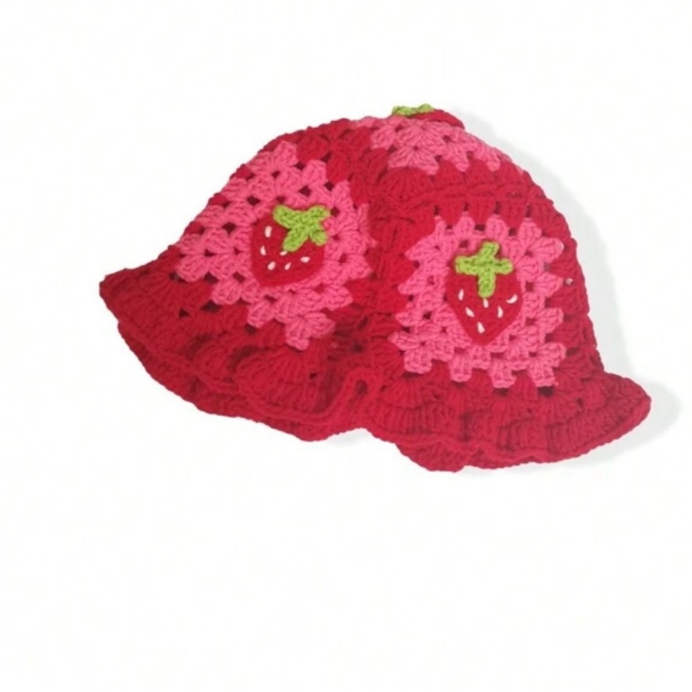 COPY - Handmade Crochet Bucket Hat Red and Pink with strawberries